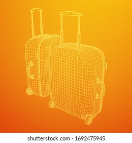 Suitcase tourist travel bag. Vacation luggage travelling trip concept. Wireframe low poly mesh vector illustration.