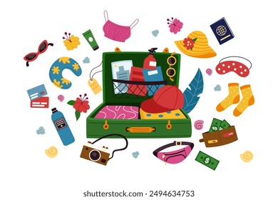 Suitcase tourist, travel luggage. Pack bag. Prepare for summer, vacation bag. Scattered things, journey baggage, document and tickets, mess clothes. Accessories tourism. Vector tidy cartoon flat style