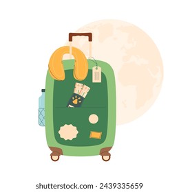 Suitcase with travel accessories and pets passport. Baggage isolated on white background. Trip for adventure and rest. Vector flat illustration.