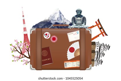 suitcase travel bag with japan icon and  landmark