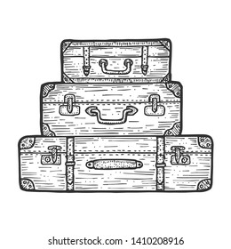 Suitcase travel bag luggage set sketch engraving vector illustration. Scratch board style imitation. Black and white hand drawn image.