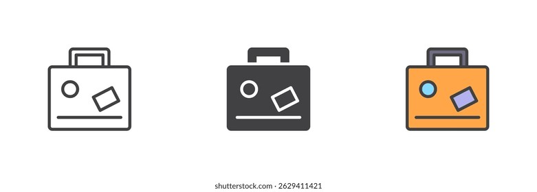 Suitcase or travel bag with stickers different style icon set. Line, glyph and filled outline colorful version, outline and filled vector sign. Symbol, logo illustration. Vector graphics