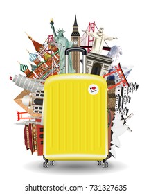 suitcase travel bag with world travel landmark