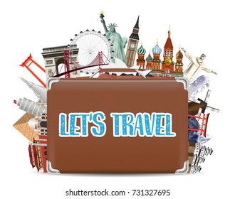 suitcase travel bag with world travel landmark