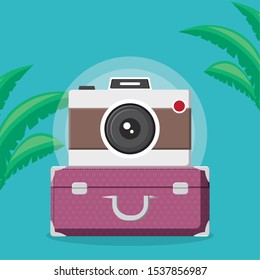 suitcase travel with camera photographic vector illustration design