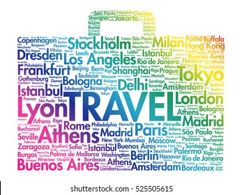 Suitcase travel concept made with words cities names