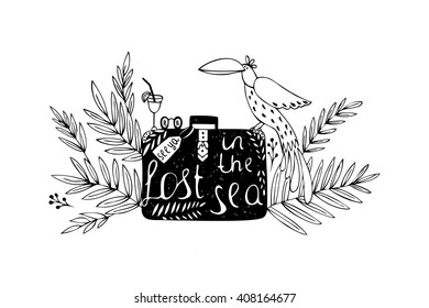 Suitcase with travel inscription quote "Lost in the sea". Hand drawn lettering. Summer holidays, summer vacation, time to travel. Vector illustration for posters, cards, flyers, t-Shirts, bags