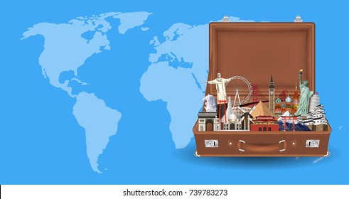 suitcase with travel landmark on world map