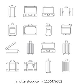 Suitcase travel luggage bag briefcase icons set. Outline illustration of 16 Suitcase travel luggage bag briefcase vector icons for web