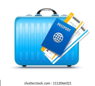 Suitcase for travel with passport and boarding pass tickets to flight in airplane, isolated white background. EPS10.