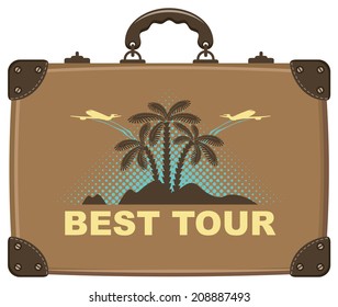 suitcase for travel with a picture of the island, palm trees on the sea with the aircraft