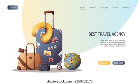 Suitcase, travel pillow, bag, camera and globe. Travel, tourism, adventure, journey concept. Vector illustration for banner, poster, website, advertising.