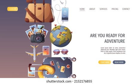 Suitcase, travel pillow, camera, airplane, suglasses, globe, passports and tickets. Travel, tourism, adventure, journey concept. Vector illustration for banner, poster, website, advertising.