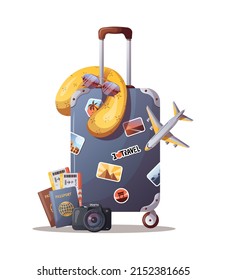 Suitcase, travel pillow, camera, passports and plane. Travel, tourism, Isolated vector illustration for poster, banner, sign, cover, advertising, card.