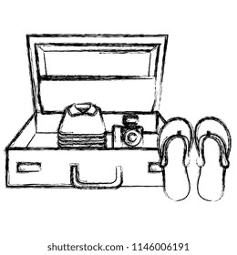 suitcase travel with sandals and camera