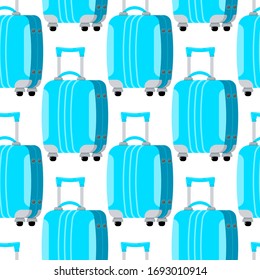 Suitcase travel seamless pattern isolated on white background. Flat design cartoon style blue luggage suitcase with wheels vector endless print. Summer vacation background with traveling accessories.