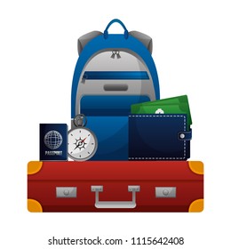 suitcase travel with set tourism icons