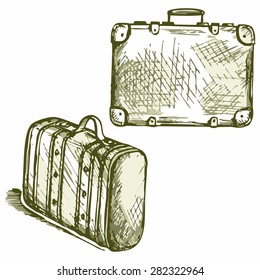 Suitcase Travel. Shades of green and yellow. Doodle style