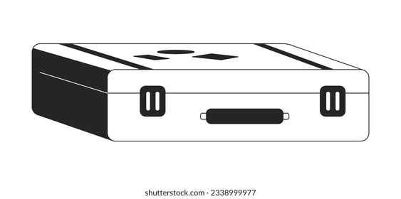 Suitcase with travel stickers flat monochrome isolated vector object. Luggage labels. Briefcase. Editable black and white line art drawing. Simple outline spot illustration for web graphic design