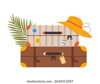 Suitcase for travel, summer holidays, vacation vector illustration isolated on white background. Traveler's luggage with palm leaves and beach hat. Tourist's suitcase. Vintage retro style.