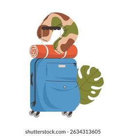 Suitcase for travel, summer holidays, vacation vector illustration isolated on white. Traveler's luggage with palm leaves and travel pillow. Tourist's suitcase. Trip to sea or vacation concept.