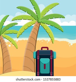 suitcase travel with trees palms vector illustration design