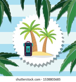 suitcase travel with trees palms vector illustration design