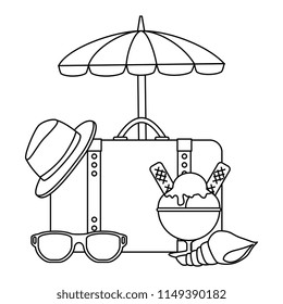 suitcase travel with umbrella and summer hat