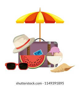 suitcase travel with umbrella and summer hat