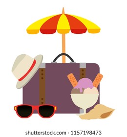 suitcase travel with umbrella and summer hat