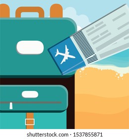 suitcase travel vacations with airplane and tickets vector illustration design