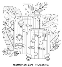 Suitcase with tropical leaves and stickers.Coloring book antistress for children and adults. Illustration isolated on white background.Zen-tangle style. Black and white illustration.Hand draw