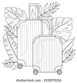 Suitcase with tropical leaves.Coloring book antistress for children and adults. Illustration isolated on white background.Zen-tangle style. Black and white illustration.Hand draw