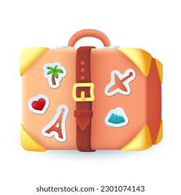 Suitcase for vacation with stickers 3D illustration. Cartoon drawing of tourist bag, baggage or luggage in 3D style on white background. Accessories, traveling, holiday, tourism, adventure concept