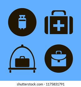 suitcase vector icons set. with briefcase, first aid bag, travelling luggage and baggage cart in set