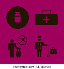 suitcase vector icons set. with first aid bag, tourist flying, bellhop and travelling luggage in set