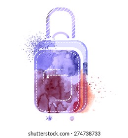 Suitcase watercolors poster hand drawn with stains. Watercolor techniques travel suitcase on white background. Watercolors of symbols on the topic travel, summer