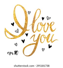 Suitcase watercolors poster hand drawn I love you. Handwritten illustration in the style of calligraphy. The names of famous phrases. lettering  I love you. Gold letters