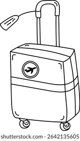 A suitcase with wheels and an airplane symbol drawn in a clean line style. The baggage tag and handle are depicted in a simplistic manner. Cartoon vector illustration.