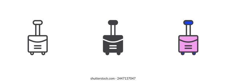 Maleta con ruedas diferente estilo conjunto de iconos. Línea, glifo y contorno relleno versión colorida, contorno y Vector relleno signo. Símbolo del equipaje, ilustración del logotipo. Vector gráfico