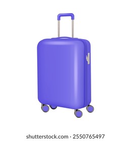 Suitcase with wheels and handle, isolated realistic baggage for traveling and trips. Vector packed bag for vacation or trip, plastic luggage with zipper. Handbag with personal belonging