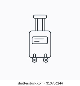 Suitcase with wheels icon. Travel baggage sign. Linear outline icon on white background. Vector
