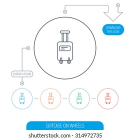 Suitcase with wheels icon. Travel baggage sign. Line circle buttons. Download arrow symbol. Vector
