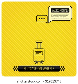 Suitcase with wheels icon. Travel baggage sign. Chat speech bubbles. Orange line background. Vector