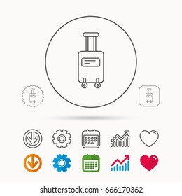 Suitcase with wheels icon. Travel baggage sign. Calendar, Graph chart and Cogwheel signs. Download and Heart love linear web icons. Vector
