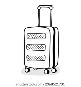 Suitcase with wheels vector icon in doodle style. Symbol in simple design. Cartoon object hand drawn isolated on white background.