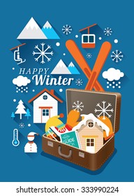 Suitcase with Winter Icons, Snow, Travel and Vacation