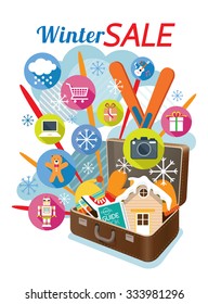 Suitcase with Winter Objects and Icons, Sale and Event Concept