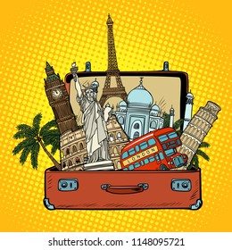 Suitcase with world landmarks.Tourism and travel concept. Comic cartoon pop art retro vector illustration drawing