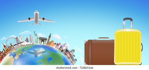 suitcase with world travel landmark and airplane